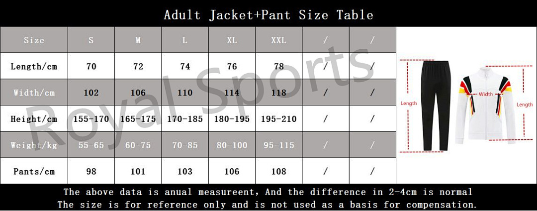 Adult Jacket+Pant Size Table