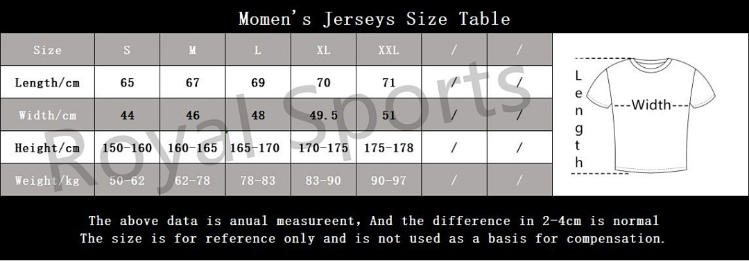Momen's Jerseys Size Table