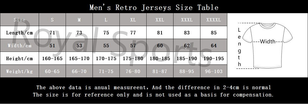 Men's Retro Jerseys Size Table