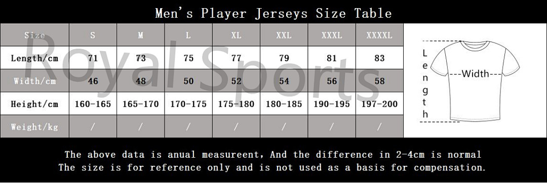 Men's Player Jerseys Size Table